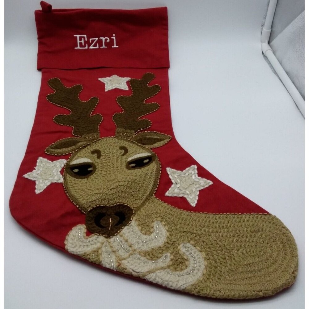 Pottery Barn Ezri Reindeer Stars Crewel Embroidery Christmas Holiday Stocking